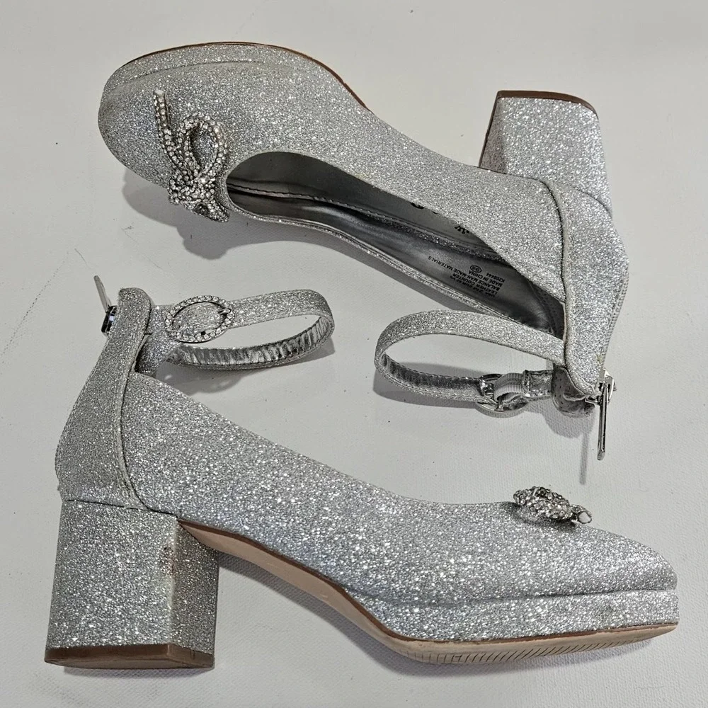 Nina Dress Shoes Girls 2M Silver Glitter Rhinestone Bow Block Heel Special Event